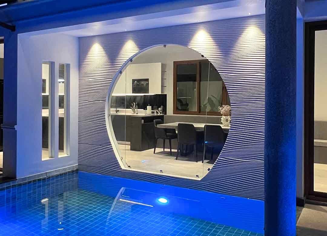 Bright, fresh Villa Rawai after makeover. New open spaces link pool to kitchen. Clean look with modern touches brings the outside in.