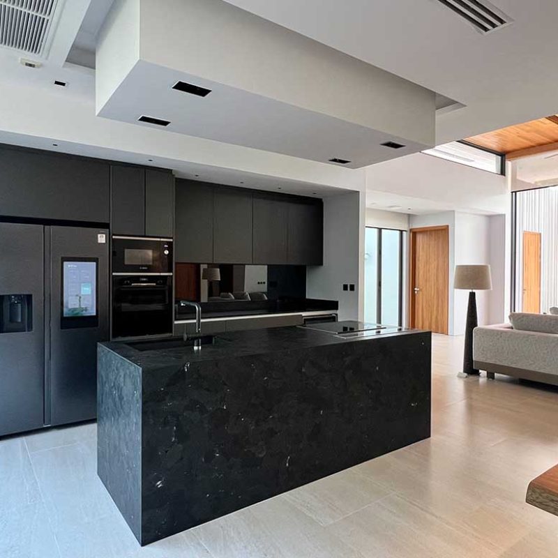 Kitchen island Black Ice Antolini marble at Botanica Foresta Phuket